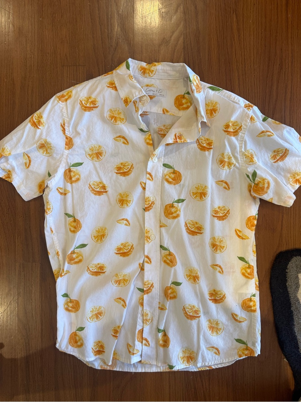 Men's White Short-Sleeve Button-Down Shirt with Orange Citrus Print